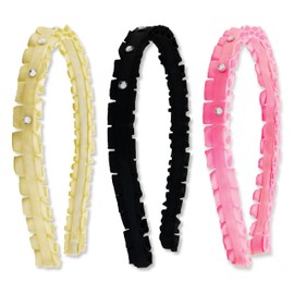 FROG SAC 3 Rhinestone Headbands for Girls, Satin Covered Pleated Head Bands for Kids, Cute Fashion Girl Pleated Hair Accessories, Hard Headband Pack for Children, Black White Pink Hairbands with Rhinestones