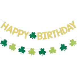 St. Patrick's Day Happy Birthday Banner - Lucky One Birthday Banner, Shamrock Birthday Decor, St.Patricks Day Happy Birthday Party Decorations Gold Glitter