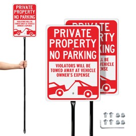 T&R Large No Parking Signs Private Property Signs, Violators Will Be Towed with 54" Stake - 2 Pack - 14"x10" .040 Rust Free Aluminum, Reflective, Waterproof and Fade Resistant, 2 pre-drilled holes, Includes Matching Screws & Wrench, Easy to Mount