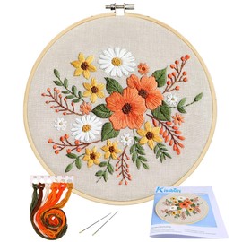 KISSBUTY Embroidery Kit with Pattern, Bamboo Hoop, Color Threads, Floral Pattern (Flowers), for Kid
