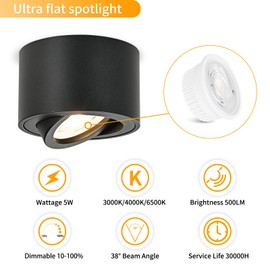 GeyouLux LED Surface-Mounted Spotlights, Dimmable, Extra Flat & 30° Swivel, Diameter 80 x 50 mm, Ceiling Spotlights, Black, Includes 5 W 500 LM LED Module 230 V - 3000 K/4000 K/6500 K, Surface-Mounted