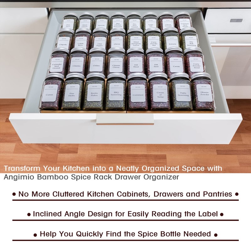 Angimio Bamboo Spice Rack Drawer Organizer - 8 Pieces Set-