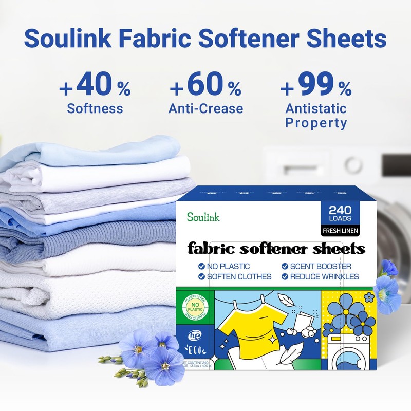 Soulink Fabric Softener Sheets for Washing Machine, No Plastic Jug