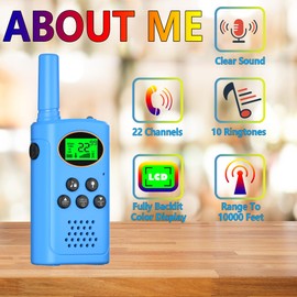 POKPOW Walkie Talkies for Kids 2 Pack, Toys for Ages 4-13 Year Old Boys Girls with Flashlight LCD Screen, Long Range 22 Channels 2 Way Radio Indoor Outdoor Adventure Easter Xmas Birthday Gifts, Blue