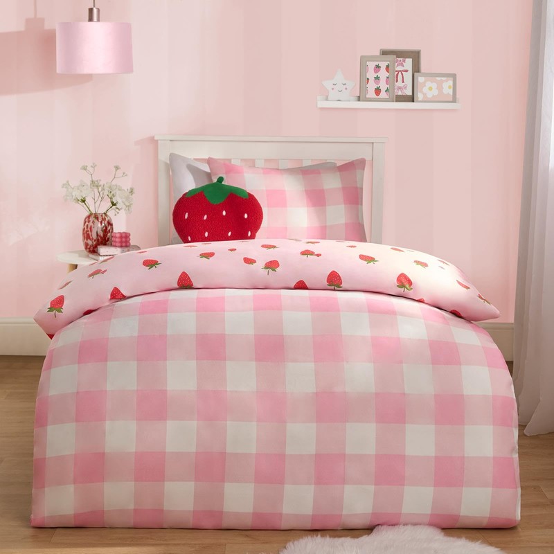 OHS Check Bedding Strawberry Print, Kids Girls Single Duvet Covers
