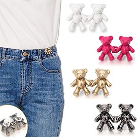 CAASFOOY 4 Pairs Jean Buttons Pins for Loose Jeans,Adjustable Waist Buckle Detachable Jean Buttons Pins Cute Bear Buckle Clip for Jeans Skirt Waist Adjustment (4 Colors)