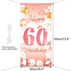 DPKOW Rose Gold 60th Birthday Party Decoration for Woman, Rose Gold 60th Birthday Banner for Backdrop Door Decoration,60th Birthday Background Banner for Garden Wall Decoration, 185 x 90cm Fabric