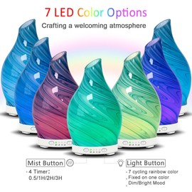 Essential Oil Diffuser 120ml Art Glass Electric Aromatherapy Diffuser, Ultrasonic Cool Mist Humidifier with 4 Timer Setting, 7 Color Lights Waterless Auto Shut Off for Sleeping Home Yoga Office Gift
