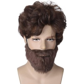 Peluca de Halloween con tupé marrón rizado y peludo para hombre, disfraz de hippie con barba