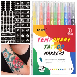 Temporary Tattoo Markers for Skin,12 Colors Washable Body Tattoo Pens+104 Unique Tattoo Stencils,Body Markers Temporary Tattoo Kit for Teens and Adult ZYH2311001KIT