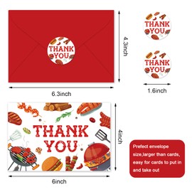 JarThenaAMCS 24Pcs BBQ Thank You Cards Red Barbecue Picnic Note Card with Envelopes Stickers Baby Q Blank Greeting Card for Birthday Baby Shower