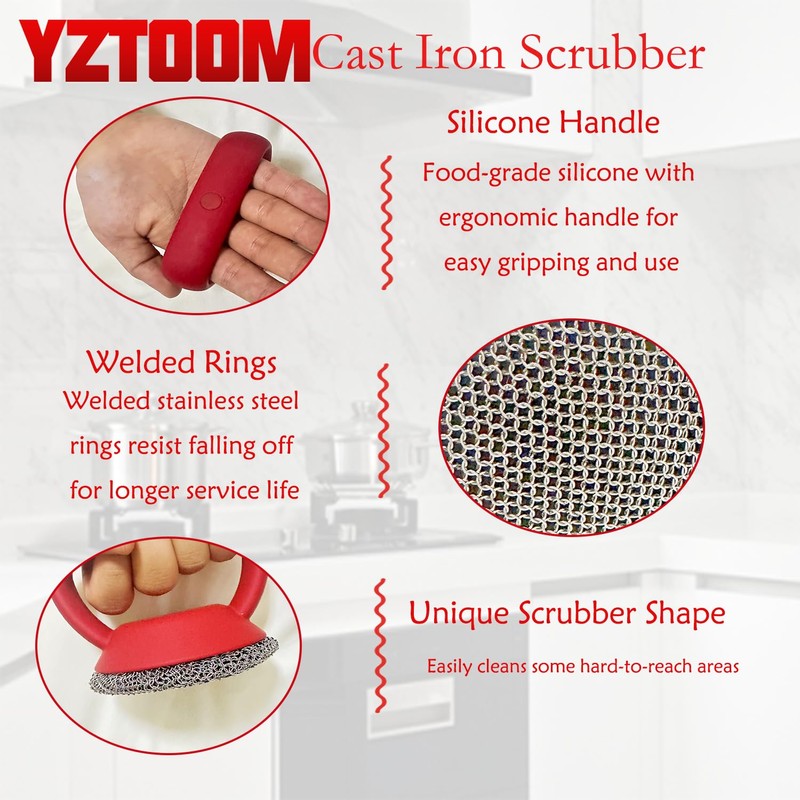 YZTOOM Cast Iron Scrubber, Iron Chainmail Scrubber Skillet Cleaner with