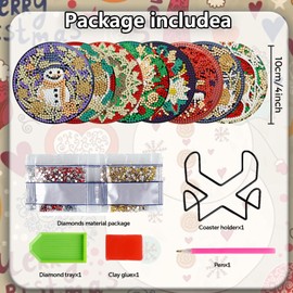 8 Pcs Christmas Diamond Art Coasters Kits with Holder DIY 3D Christmas Diamond Art Coaster for Adults Diamond Kits Supplies for Christmas