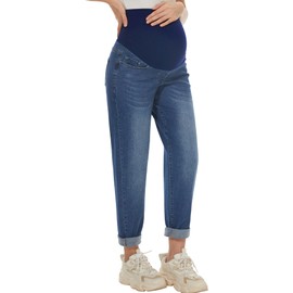AVOG Maternity Boyfriend Jeans High Waisted Stretchy Denim Pregnancy Pants with 4 Pockets(Dark Blue, Medium)