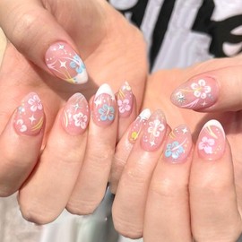 Oval Press on Nails Short Fake Nails White French Tip Nails Press ons Glossy Glue on Nails Cute False Nails with Glitter Colorful Flowers Stars Dot Lines Designs Pink Stick on Nails for Women 24Pcs