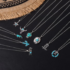 BVGA 9PCS Western Necklaces for Women Boho Turquoise Necklace Stainless Steel Hat Boots Cow Tag Horseshoe Necklace Western Cowgirl Cross Ligtning Cactus Pendant Necklace Jewelry Gifts