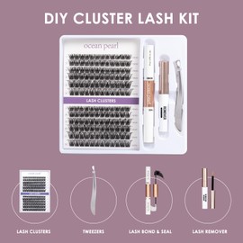 Ocean Pearl Cluster Lashes 144 PCS Lash Cluster Kit Fluffy Eyelash Extension Kit 10-16mm Cluster Lashes Kit Individual Eyelashes Cluster Eyelashes Lash Lift Kit with Bond and Seal Lash Remover-DM01