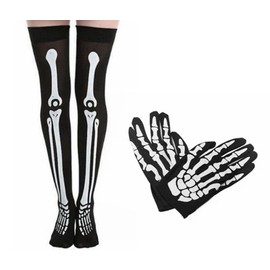Skeleton Gloves Stocking Skull Gloves Set Glow in The Dark Cosplay Costume Women Girl Thigh High Knee Socks (FINGERLESS SET B, One Size)