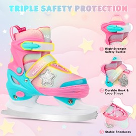 HALOSK Girls Ice Skates for Kids Boys, Adjustable Kids Skates for Outdoor Indoor Rink, Rainbow Soft and Comfortable Lining Ice Skating Shoes Ages 3-12 Youth