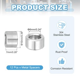 PATIKIL 12 Pcs Stainless Steel Spacers, 6mm ID x 10mm OD x 7mm Height 304 Stainless Steel Bushing Screw Standoff Unthreaded Round Spacer for 1/4"M6 Screws Bolts Nuts