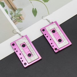 80s Cassette Tape Earrings for Women Retro Tape Dangle Earrings for Teen Girls Funny Drop Earrings Jewelry Gift (Pink)