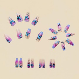 24Pcs Press on Nails Medium Coffin Square French Tip Simple with Purple Gradient Blue Butterfly Design Fake Nails Full Cover Glossy Acrylic Glue on Nails Short Stick on Nails False Nails for Women Y568