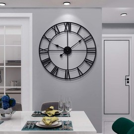 LEIKE 16" Large Wall Clocks Battery Operated, Round Modern Silent Non-Ticking Black Metal Wall Clock for Living Room Decor, Bedroom Kitchen (40cm Diameter, Black Roman Number)