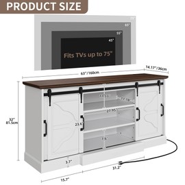 DWVO 63'' Buffet Storage Cabinet, 32'' Tall Farmhouse Sideboard Cabinet with Power Outlets and Sliding Doors, Large Coffee Bar Cabinets for Kitchen, Living Room, White/Brown