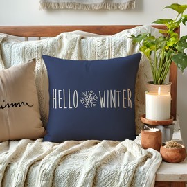 ULOVE LOVE YOURSELF Hello Winter Throw Pillow Cover 18x18 Inches Navy Merry&Bright Christmas Decor Pillowcases Winter Holiday Decorative Cushion Covers 2Pack for Sofa/Couch/Porch