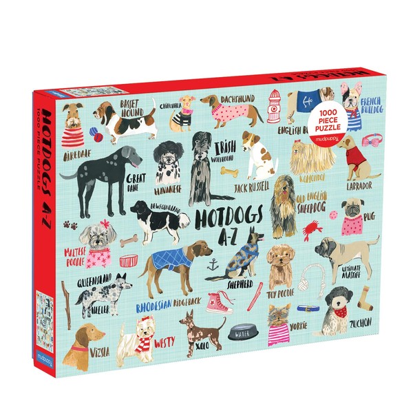 Mudpuppy Hot Dogs A-Z Puzzle, 1,000 Piece Dog Jigsaw Puzzle, 27”x20”, Perfect for Ages 8-99+, Family Puzzle to Celebrate Dogs, Illustrations of 26 Dog Breeds, Great Gift for Dog Lovers