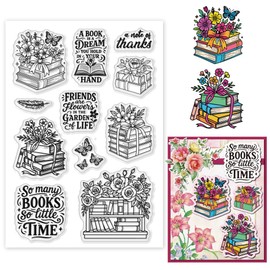 GOMAKERER 1 Sheet Clear Stamp, Flowers Vintage Book Inspirational Phrases Transparent Rubber Stamps Reusable Silicone Clear Stamp Seals for Card Making Scrapbooking Embossing Album Decor