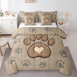 Erosebridal Twin Dog Paw Bed in A Bag for Kids Boys Girls,Cartoon Foot Print Bedding Sets 7pcs,Cute Animal Comforter,Wooden Plank Bed Sets with Sheet Set,Pillow Cases,Cushion Covers