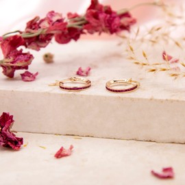 Carissima Gold Women's 9ct Yellow Gold 1mm Round Red CZs 14mm Endless Slim Hoop Earrings