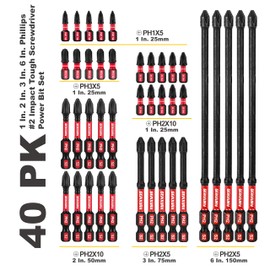 Geinxurn Impact Tough Mixed #1#2#3 Phillips D2 Steel Long Extension Insert Driver Bits, 40Pack 1/4 Inch Hex Shank Long Cross Magnetic PH1/PH2/PH3 Screwdriver Bits Set