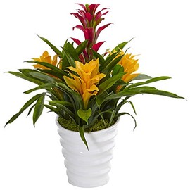 Nearly Natural Tropical Bromeliad Artificial Plant in White Swirl Vase