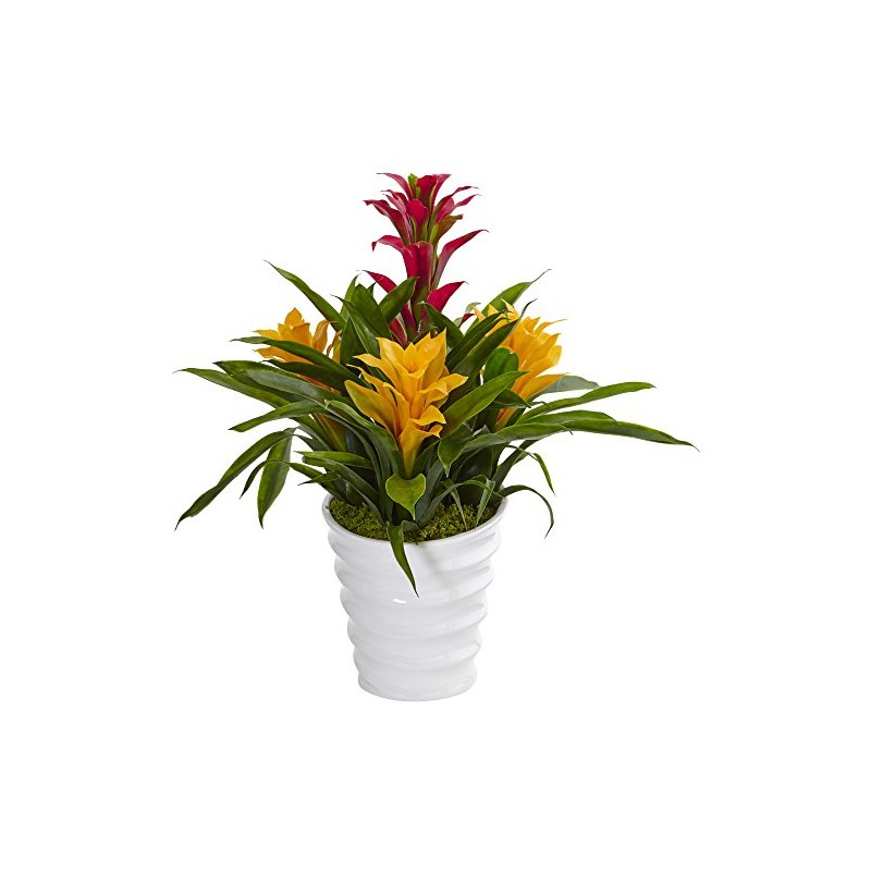Nearly Natural Tropical Bromeliad Artificial Plant in White Swirl Vase