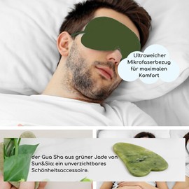 Gua Sha Jade Green Masseur Face in Natural Stone + Mask Hot Eyes Hot/Cold Natural, Guasha Face Massage Anti-Age + Relaxing Mask Anti-Crane, Relieves Migraine Sun & Sia