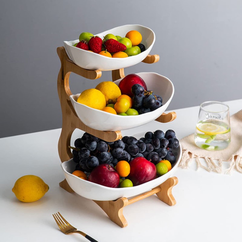 Veloqua 3 Tier Fruit Bowl For Kitchen Counter,Ceramic Fruit Bowl,Large