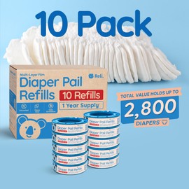 Reli. Diaper Pail Refill Bags, Compatible with Genie Complete, Expressions (10 Pack) Pail Refills Unscented | Odor Blocking, Strong, Easy Replacement | Holds up to 2,800 Newborn Diapers