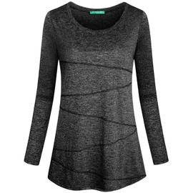 Kimmery Workout Shirts for Women, Ladies Top Round Neck Long Sleeve Heathered Yoga Blouse Moisture Wicking Fall Lightweight Tee Performance Black Medium