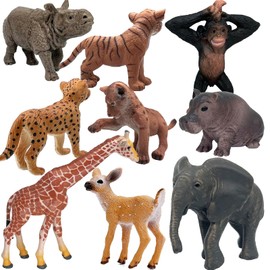 Gemini&Genius Safari Animal Toys, Wildlife Toys with Deer, Gorilla, Elephant, Lion, Giraffe, Hippo, Rhinoceros, Tiger, Leopard 9 Pack Cute Animal Baby Action Figurines Gift for Kids