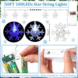 Glooglitter 50 Ft 100 LED Christmas Snowflake String Lights, Blue and White Snowflake String Lights Battery Operated Plastic Fairy Lights for Xmas Tree Winter Party Garden House Indoor Outdoor Decor