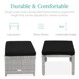 Best Choice Products Set of 2 Wicker Ottomans, Multipurpose Outdoor Furniture for Patio, Backyard, Additional Seating, Footrest, Side Table w/Removable Cushions, Steel Frame - Gray/Black