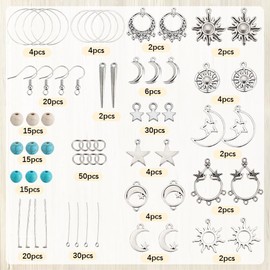 SUNNYCLUE 1 Box DIY 10 Pairs Bohemian Style Moon Charms Sun Star Charm Women Dangle Earrings Making Kit Antique Silver Chandelier Connector Charm Synthetic Turquoise Beads for Jewelry Making Kits