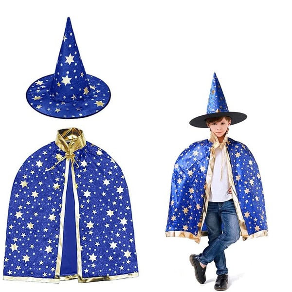 YKKJ Children's Halloween Cape, Vampire Capes with Hat for Children Cosplay Halloween Carnival Party Costume (Blue)