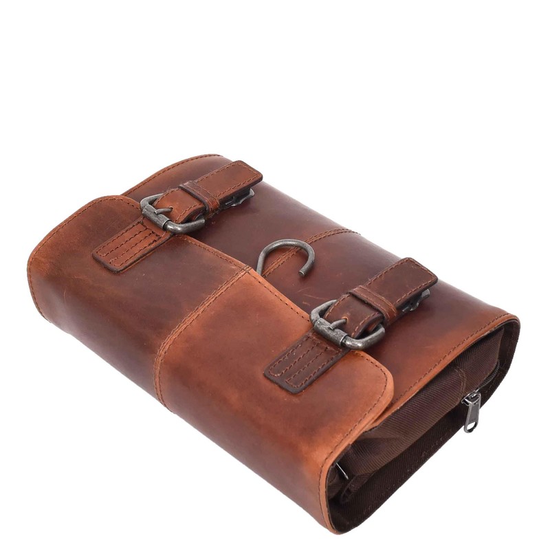Mens Leather Toiletry Bag Hanging Cosmetic Shaving Kit Travel Bag,