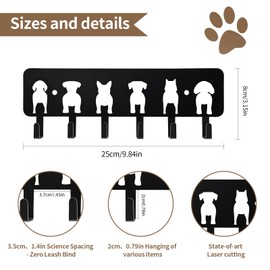 Key Hooks Decorative Dog Leash Holder for Wall, 6 Hooks 9.84×3.14 inch for Wall Decorative Animal Storage Rack Adhesive, Black Key Holder wall Mount for Entrance Living Room Kitchen-Dog Lovers Gifts