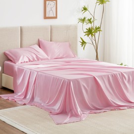 Love's cabin Twin Satin Sheets Sets - 3 Piece Pink Silky Satin Bed Sheets Twin with Deep Pockets, Luxury Silk Feel Satin Twin Size Sheet Set Bedding Set (1 Flat Sheet,1 Fitted Sheet,1 Pillow case)