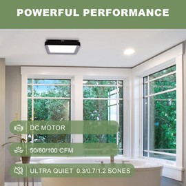 Akicon Bathroom Exhaust Fan with Light, 50-80-100 CFM DC Motor, 1.2 Sones Vent Fan, 3CCT LED Light 2700K/4000K/5500K with 7W Night Light Quiet Energy Saving Bathroom Ceiling Fan, Black.