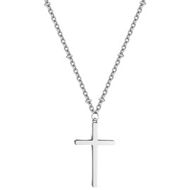QEEBWW Cross Necklace for Women Men, Silver Stainless Steel Cross Pendant Necklace Simple Jewelry Gifts